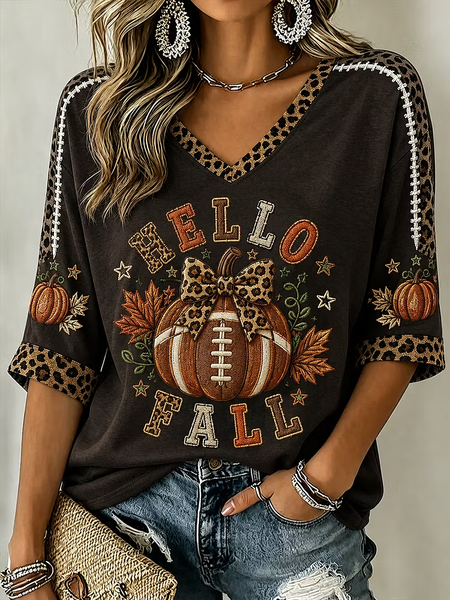 Vintage Text Letters V Neck Half Sleeve T-shirt