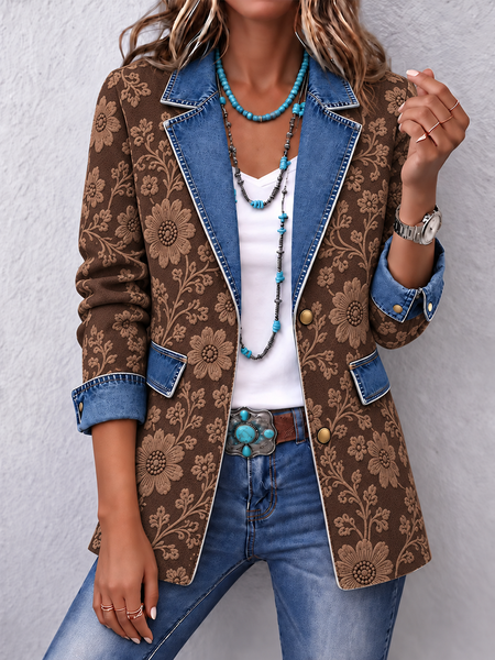 Women Spring/Fall Outerwear Vintage Floral Pattern Long Sleeve Lapel Collar Jacket