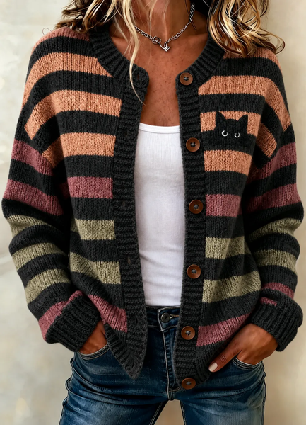 Women Striped Long Sleeve Comfy Vintage Printing Cardigan