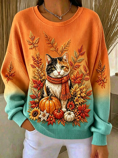 Casual Cat Crew Neck Long Sleeve Sweatshirt