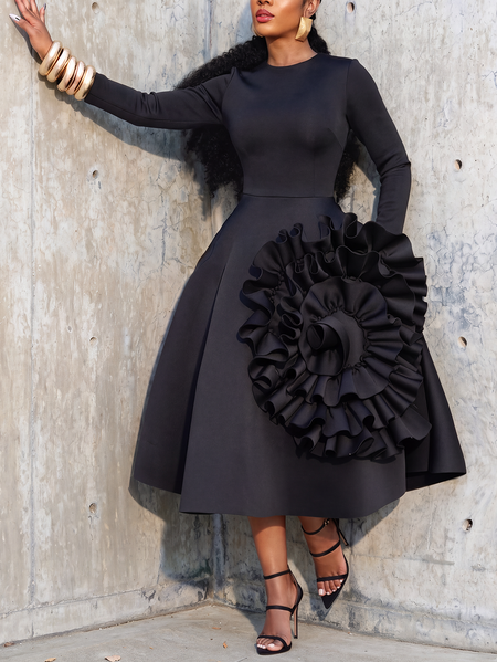 Elegant Plain 3D Floral  Midi Dress