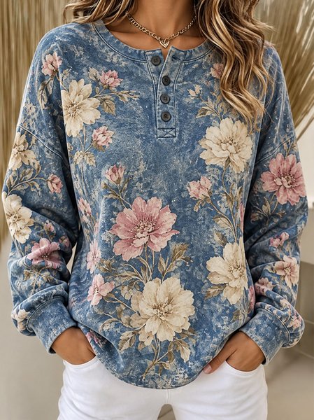 Vintage Floral Henley Collar Long Sleeve Sweatshirt