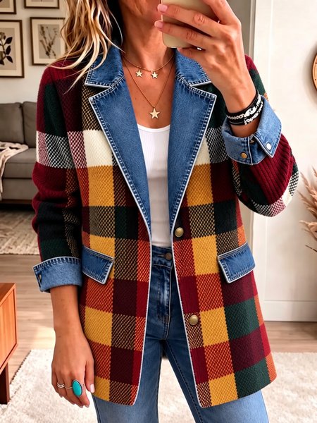 Women Spring/Fall Outerwear Vintage Geometric Long Sleeve Lapel Collar Jacket