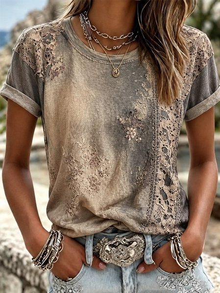 Vintage Floral Crew Neck Short Sleeve T-shirt