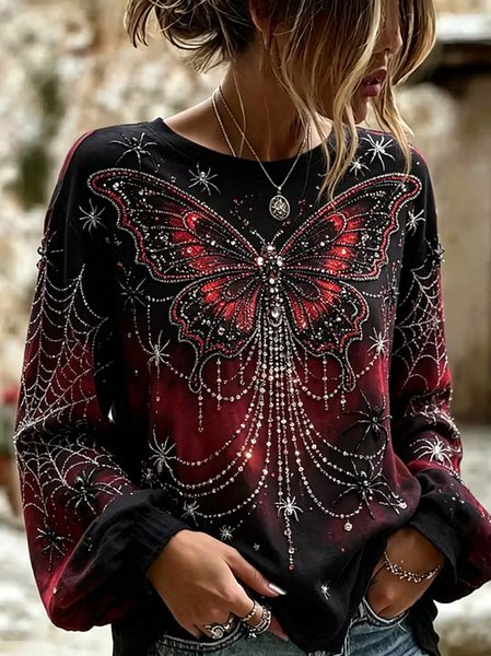 Women Butterfly Vintage Blouse Crew Neck Long Sleeve Printing Top
