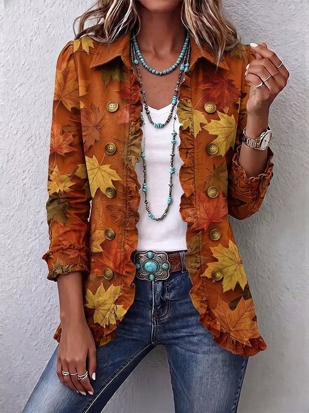 Women Spring/Fall Outerwear Vintage Maple Leaf Long Sleeve Shawl Collar Jacket