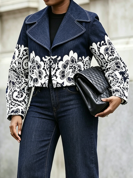 Micro-Elasticity Urban Printing Lace Lapel Collar Denim Coat 1 Micro-Elasticity Urban Printing Lace Lapel Collar Denim Coat