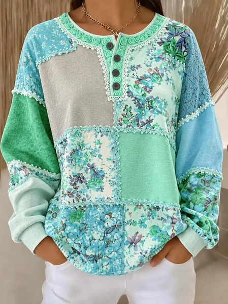 Casual Floral Henley Collar Long Sleeve Sweatshirt