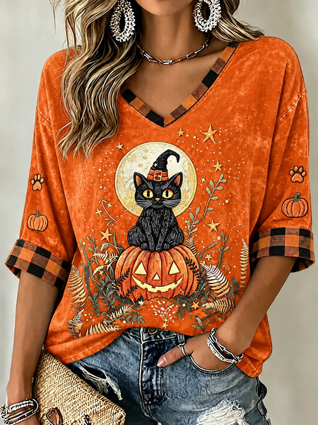 Vintage Plaid V Neck Half Sleeve T-shirt