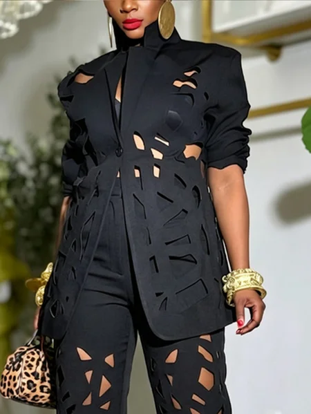 Plus Size Urban Hollow Out Plain Lapel Collar Blazer 1 Plus Size Urban Hollow Out Plain Lapel Collar Blazer