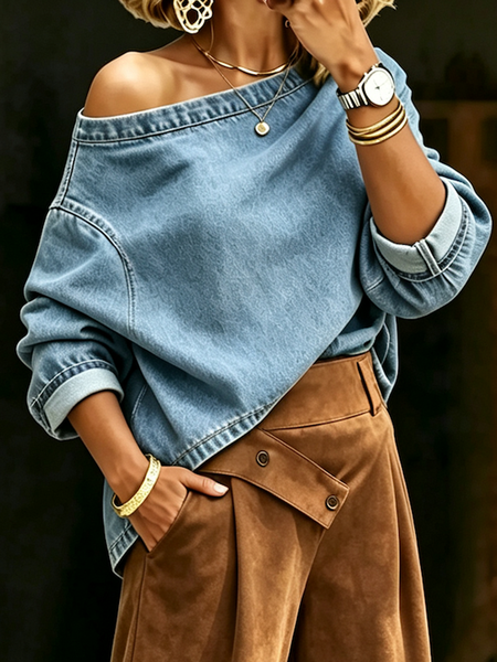 Plus Size Casual Asymmetrical Plain Denim Shirt 1 Plus Size Casual Asymmetrical Plain Denim Shirt