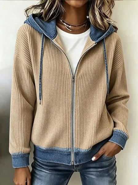 Women Spring/Fall Outerwear Casual Striped Long Sleeve Hoodie Jacket