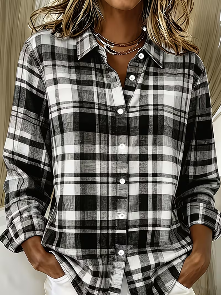 Women Plaid Casual Shirt Shirt Collar Long Sleeve Buckle Top