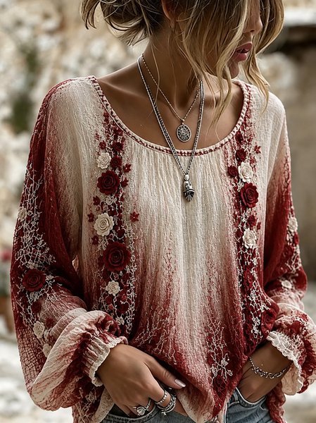 Women Floral Casual Blouse Crew Neck Long Sleeve Printing Top