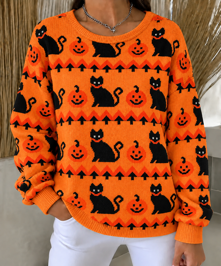 Casual Cat Crew Neck Long Sleeve Sweatshirt