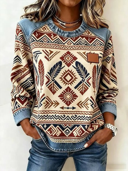 Casual Color Block Crew Neck Long Sleeve Sweatshirt