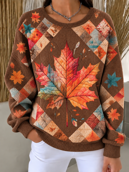 Casual Maple Leaf Crew Neck Long Sleeve Sweatshirt