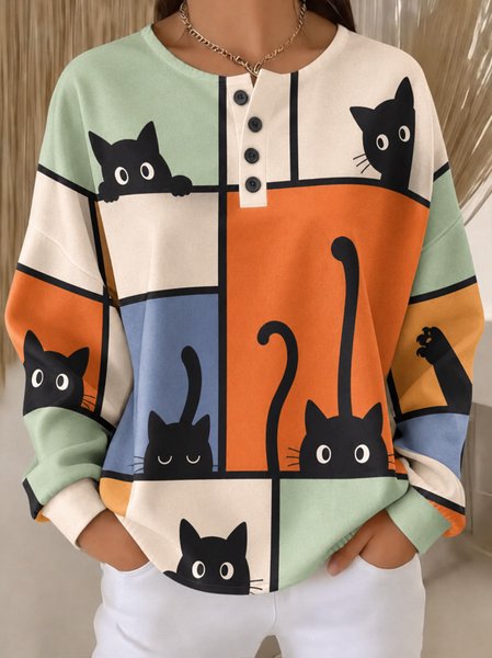 Casual Geometric Henley Collar Long Sleeve Sweatshirt