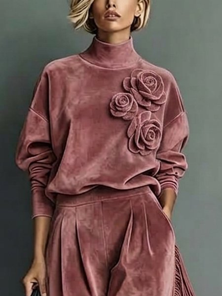 Suede Urban Plain 3D Floral Turtleneck Faux Leather Top