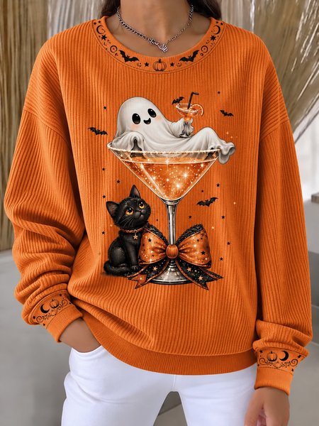 Casual Cat Crew Neck Long Sleeve Sweatshirt
