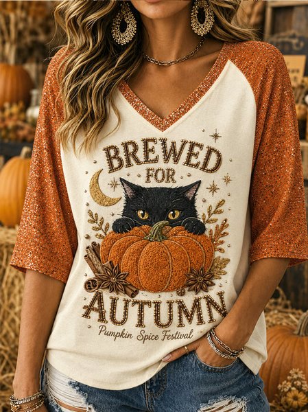 Casual Text Letters V Neck Half Sleeve T-shirt