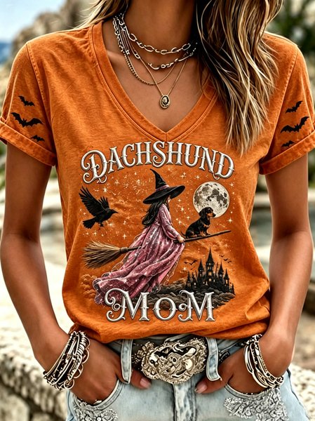Casual Text Letters V Neck Short Sleeve T-shirt