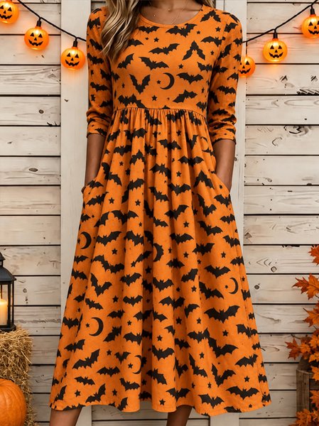 Women Halloween Summer Dress Crew Neck Half Sleeve T-Shirt Dress A-Line Dress
