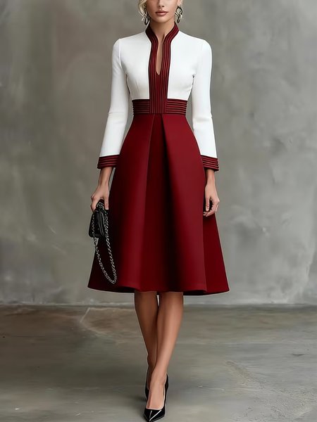 Urban Color Block Printing Notched Midi Dress 1 Urban Color Block Printing Notched Midi Dress