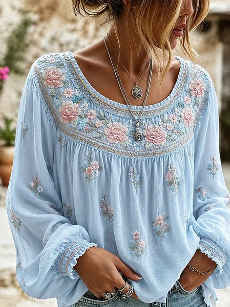 Women Floral Casual Blouse Crew Neck Long Sleeve Printing Top
