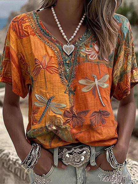 Casual Floral V Neck Short Sleeve T-shirt