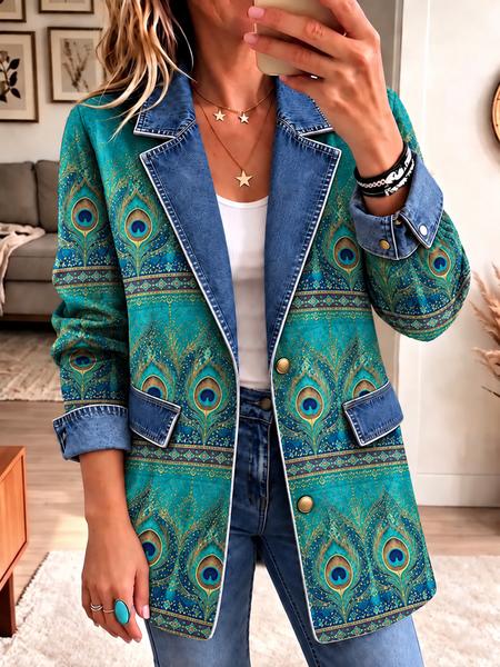 Women Spring/Fall Outerwear Vintage Abstract Long Sleeve Lapel Collar Jacket