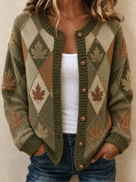 Women Maple Leaf Long Sleeve Comfy Casual Cardigan