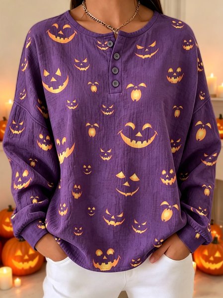Casual Pumpkin Pattern Henley Collar Long Sleeve Sweatshirt