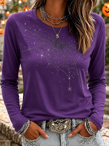 Vintage Spider Web Pattern Crew Neck Long Sleeve T-shirt