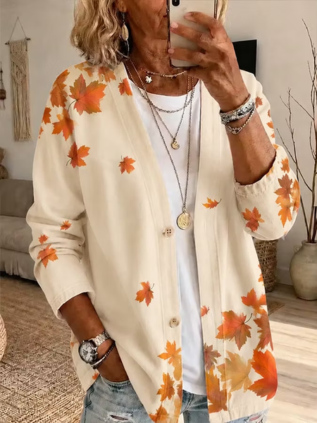 Women Spring/Fall Outerwear Casual Printing Maple Leaf Long Sleeve Jacket