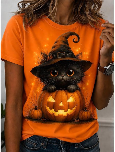 Casual Cat Crew Neck Short Sleeve T-shirt