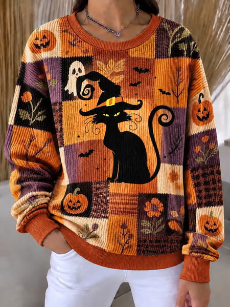 Casual Cat Crew Neck Long Sleeve Sweatshirt
