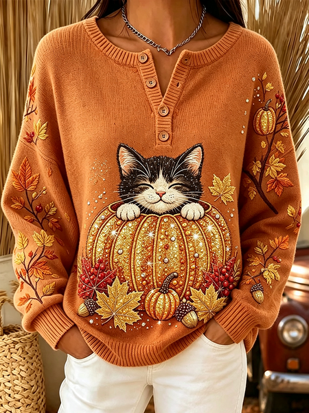 Women Cat Crew Neck Printing Casual Spring/Fall Long Sleeve Sweatshirt