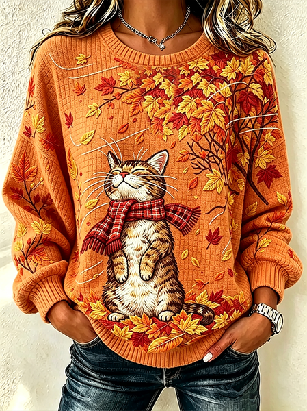 Casual Cat Crew Neck Long Sleeve Sweatshirt
