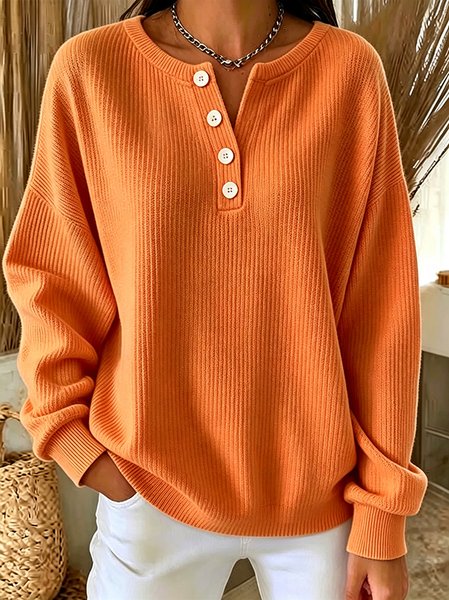 Casual Plain Henley Collar Long Sleeve Sweatshirt