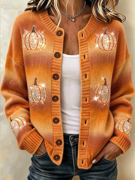 Women Pumpkin Pattern Long Sleeve Comfy Casual Cardigan