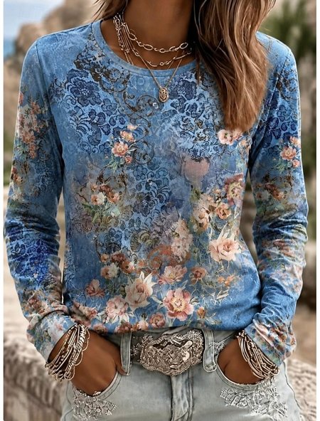 Vintage Floral Crew Neck Long Sleeve T-shirt