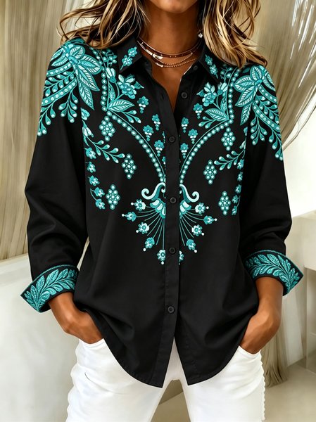 Women Floral Vintage Shirt Shawl Collar Long Sleeve Top