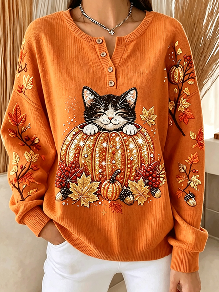 Casual Cat Crew Neck Long Sleeve Sweatshirt