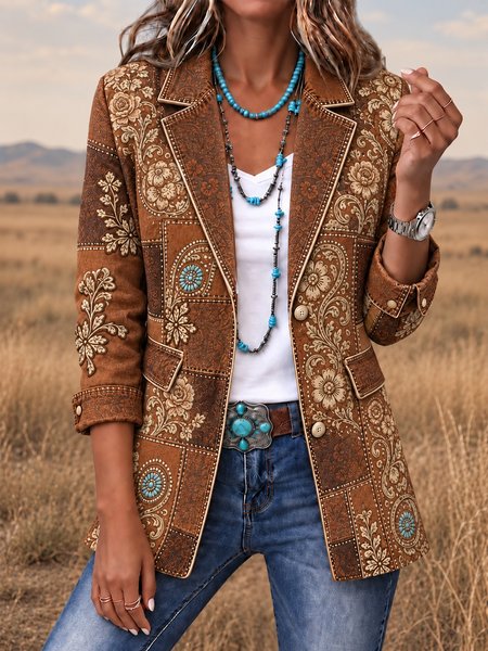 Women Spring/Fall Outerwear Vintage Floral Long Sleeve Lapel Collar Jacket