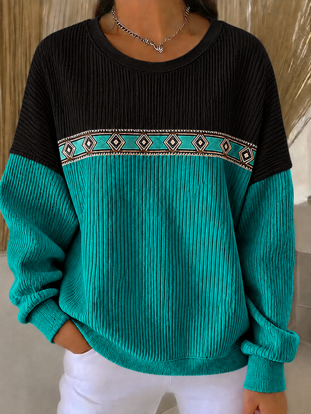 Casual Ethnic Geometry Crew Neck Long Sleeve Sweatshirt