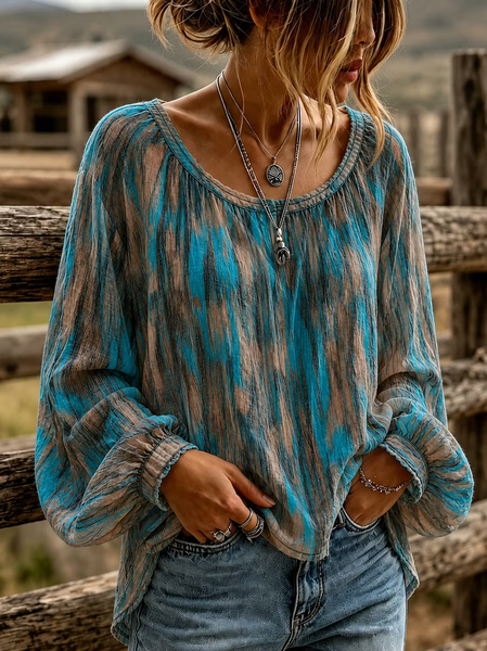 Women Abstract Vintage Blouse Crew Neck Long Sleeve Printing Top