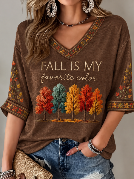 Vintage Text Letters V Neck Half Sleeve T-shirt