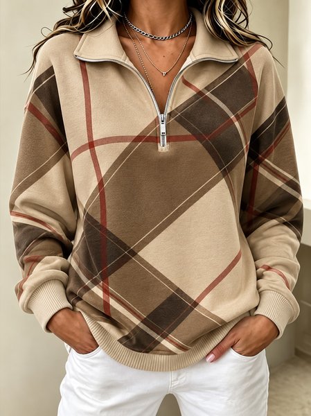 Casual Geometric Half Open Collar Long Sleeve Sweatshirt
