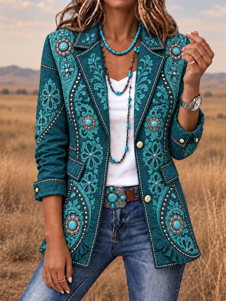 Women Spring/Fall Outerwear Vintage Floral Long Sleeve Lapel Collar Jacket